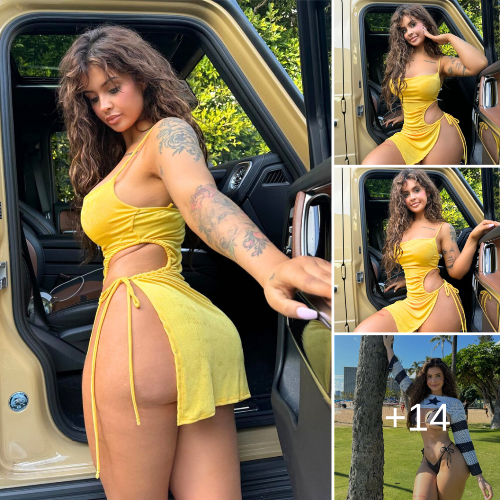 Evana Maria dazzles in a sunny yellow mini skirt